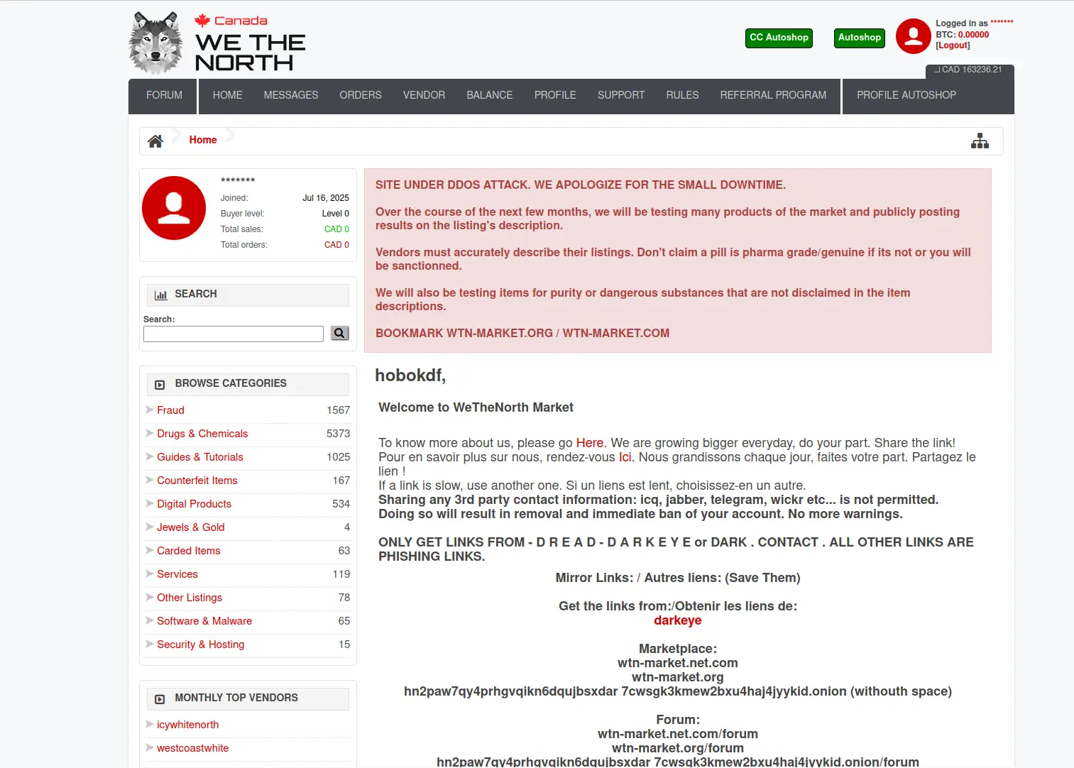 We The North Market Interface - Canadian Darknet Marketplace Dashboard